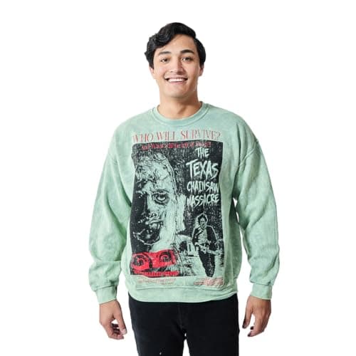 Image of Bioworld Texas Chainsaw Massacre Who Will Survive Oversized Poster AdultUnisex Mineral Washed Crew Neck LongSleeve Sweatshirt, Green, Large