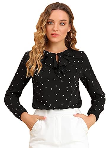 Image of Allegra K Women's Vintage Ruffle Neck Chiffon Printed Top Halloween Long Sleeve Casual Office Blouse, Black-Hearts, S