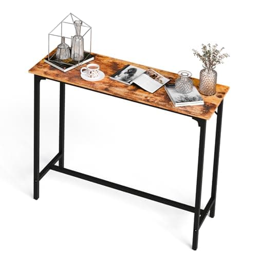 Image of Bonnlo 110cm Bar Table, Pub Breakfast Table with Metal Frame, Narrow Rectangular High Table for Kitchen Dining Living Room Small Space, Brown