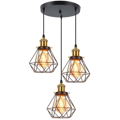Image of iDEGU 3 Lights Vintage Ceiling Pendant Light Fitting, 16cm Geometric Cage E27 Industrial Hanging Lamp Metal Lamp Shade for Bedroom Living Room Dining Room Kitchen (Black+Brass, 3-Light Round)