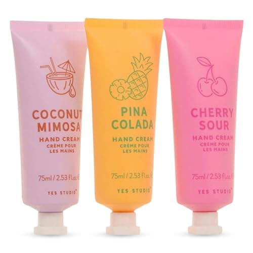 Image of Yes Studio Fruity Cocktail Hand Cream Trio, Enriched with Shea Butter to Soften and Protect the Skin, Cherry Sour, Pina Colada and Coconut Mimosa Scent 3 x 75ml