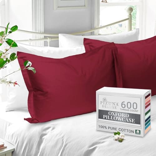 Image of Pizuna Pure Cotton Standard Pillowcases 2 Pack Rio Red 50x75cm, 600 Thread Count Long Staple Combed Cotton Crisp Pillow Cover, Soft Sateen Oxford Pillow Cases (Cooling Pillowcase)