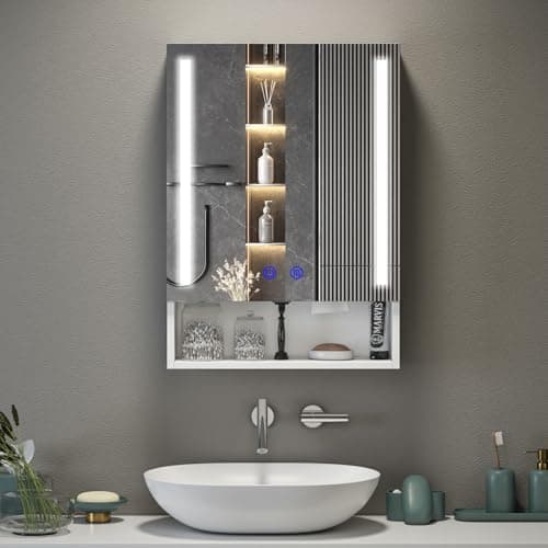 Image of Luxstein Bathroom Mirror Cabinet 500 x 700 mm With LED Lights, Touch Control, 3 Colour Dimmable Illuminated Mirror, Wall Mounted Bathroom Storage with Demister Pad & Shaver Socket