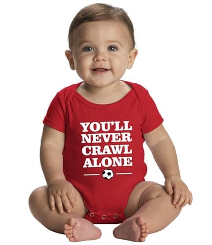 Image of Funny Football Fan Design “You’ll Never Crawl Alone,” Baby Vest 100% Cotton Short Sleeve Red Romper — Envelope Neck and Nickel-Free Press Buttons, Sizes 0–18 Months, Unisex Baby Clothes UK Made