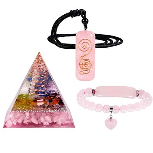 Image of mookaitedecor Rose Quartz Crystal Healing Set of 3, Energy Orgone Pyramid & Stone Pendant & Bracelet Kits for Chakra Reiki Meditation Balancing