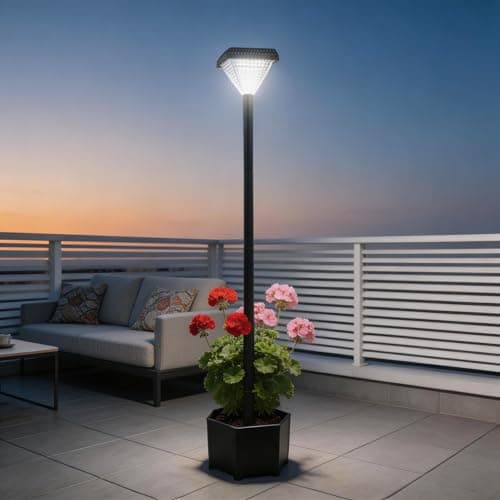 Image of DJGIFI Outdoor Solar Post Lights, 59" Dusk to Dawn Solar Lamp Post, Waterproof Solar Floor Lamps, Warm White Pole Lights with Planter for Patio, Backyard, Lawn, Garden