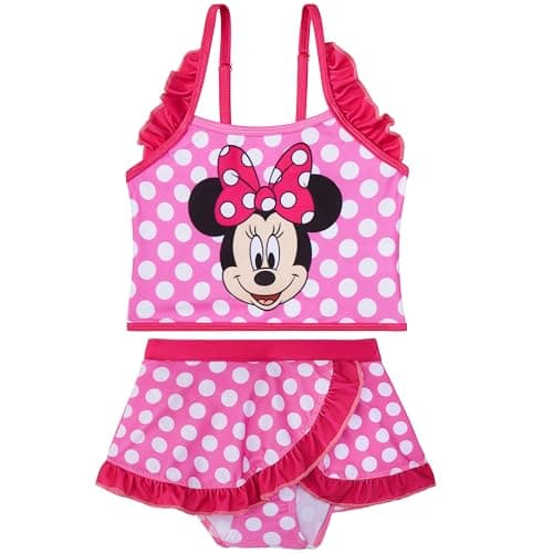 Image of Disney Minnie Mouse Girls Bikini Set 2-6 Yrs, 2-Piece Swimming Costume, Adjustable Strap Toddlers Swimwear Skirt Swimsuit Top (4-5 Years, Pink/White Minnie)