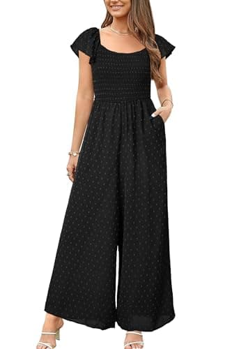 Image of VOTEPRETTY Jumpsuits for Women UK Short Sleeve Square Neck Smocked Wide Leg Dungarees One Piece Outfit with Pockets Solid Black,L
