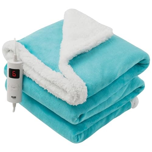 Image of GlamHaus Luxury Electric Heated Throw, Large Reversible Fleece Over Blanket for Sofa or Bed, 160 x 130cm, Heat And Timer Setting, Auto Shut Off, Digital Controller, Machine Washable (Scuba Blue)