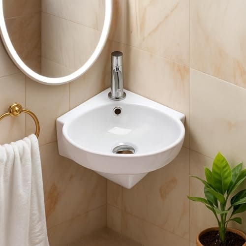 Image of Compact Corner Wall Hung Basin Sink with Single Tap Hole Space-Saving Cloakroom Hand Wash Basin White Ceramic Corner Sink for Small Bathrooms & En-suites 370mm x 395mm