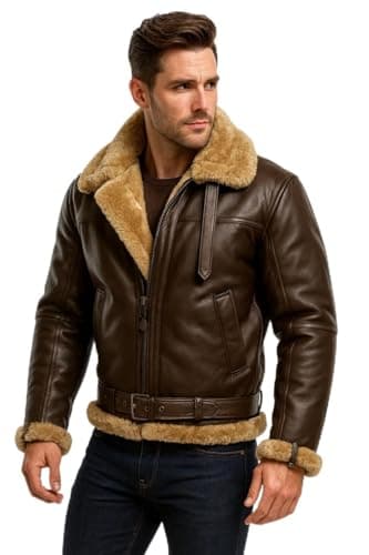 Image of BGA Shearling Leather Jacket Mens – Bikers Gear Bomber Jacket Men Real Sheepskin Leather Aviator Flight Flying Winter Coat (UK, Alpha, XL, Regular, Regular, Standard, Brown)