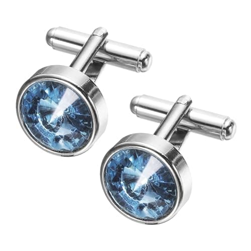 Image of sourcing map 2Pcs Crystal Cufflinks, Copper Round Cuff Links for Men Business Groom Wedding Party Birthday, Light Blue