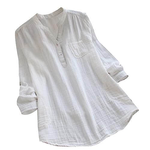 Image of Gauze Linen Shirt Women UK Plus Size, Ladies Cotton Linen T-Shirts Elegant Long Sleeve Button Henley V Neck Casual Lagenlook Longline Summer Blouses Boho Plain Tee Shirt Long Tunic Tops White