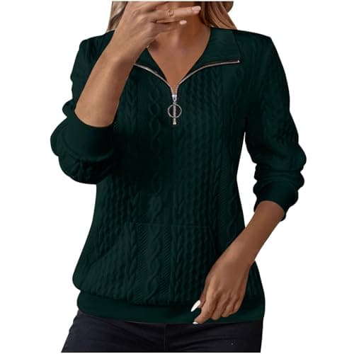 Image of Sweatshirts for Women Cable Knit Jumpers Lapel Half Zip Pullover Ladies Thermal Sweatshirt Long Sleeve Tops Winter Autumn Sweaters Warm Tunics for Office Work Daily Going Out Wear Green