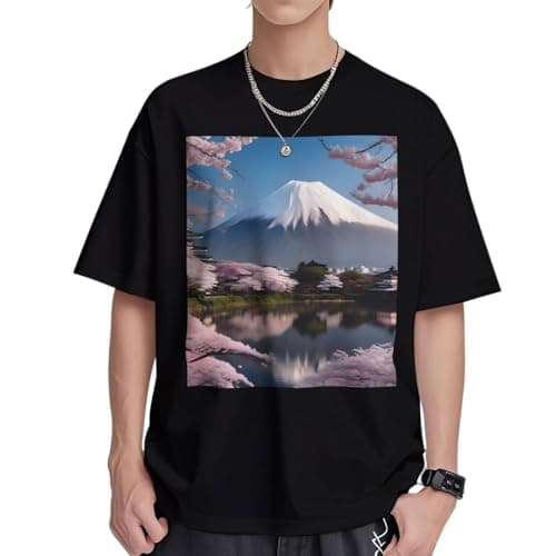 Image of Men's Mt. Fuji in Early Spring S Heavyweight Cotton T-Shirt-230g Soft Breathable Tee, Premium Casual Short Sleeve Top for Daily Black