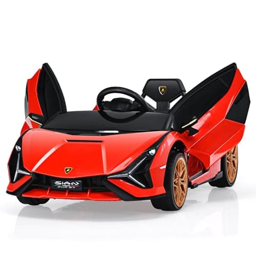Image of COSTWAY 12V Kids Electric Ride on Car with Remote Control, LED Lights, MP3, Music, Spring Suspension, Licensed Lamborghini Battery Powered Toy Vehicle for Boys and Girls (Red)