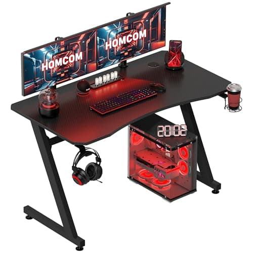 Image of HOMCOM Gaming Desk 120 x 65 cm Steel Frame with Cup Holder, Headphone Hook, Adjustable Feet and Cable Organiser, Home Office Computer Table, Black