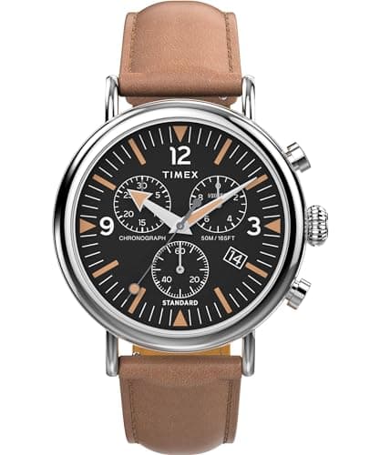 Image of Timex Men's Waterbury Chronograph 41 mm Watch - Brown Leather Two-Piece Quick Release Strap Black Dial Silver-Tone Case TW2W84500