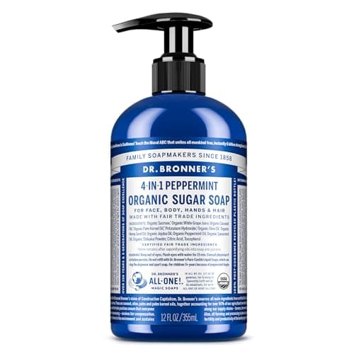 Image of Dr Bronner’s 4-in-1 Organic Peppermint Soap, Made with Organic Oils and Shikakai Powder. For Hands, Body, Face & Hair. Fair Trade Certified & Vegan Friendly, 335ml Recycled Pump Bottle