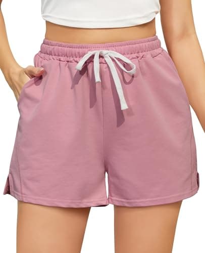 Image of Vlazom Women's Activewear Shorts with Pockets Soft Cotton Sports Shorts with Drawstring Lounge Active Bottoms for Running Gym Lounge Rose Pink,XXL