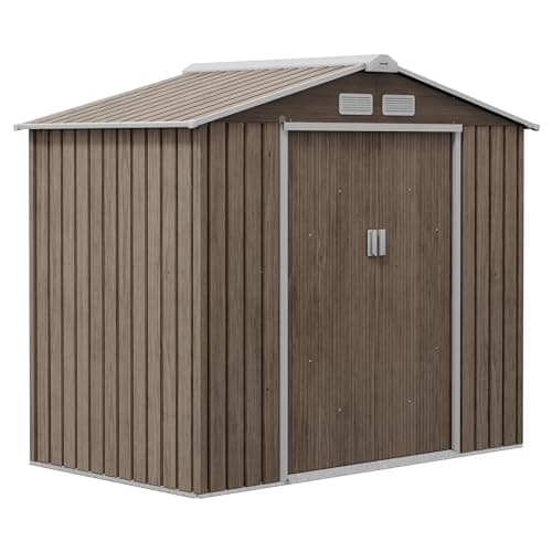 Image of Outsunny 7 x 4ft Metal Garden Shed, Waterproof Outdoor Bike Storage Shed Galvanised with Vents, Foundation Kit, Apex Roof and Lockable Double Doors for Patio Lawn, Light Brown