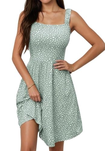 Image of Oyamiki Square Neck Women Floral High Waist Casual A Line Dresses Cute Green Summer Sleeveless Midi Vacation Elegant with Side Pockets Dress S