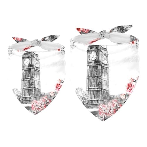 Image of 2 Pack Dog Bandana Vintage Eiffel Tower Big Ben Rose Flowers Girl Boy Bibs Dog Scarf Kerchief Accessories for Small Medium Large Dogs Puppy Cat Pet