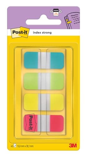 Image of Post-it Index Strong Filing Tabs, Small - 40 Tabs, 15.8 mm x 38.1 mm, Yellow, Red, Blue, Green - Extra Strong Sticky Flags for Documents and Information