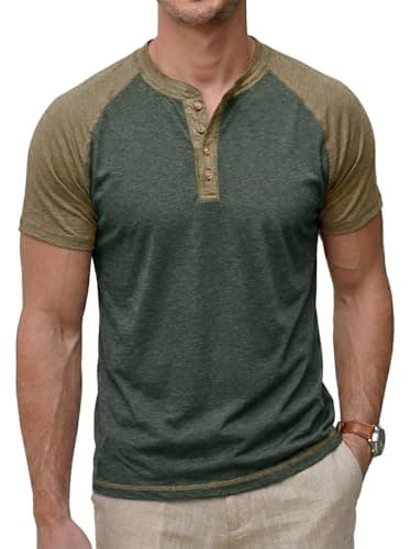 Image of CTU Men's Henley T-Shirt Grandad Raglan Sleeve Button Shirts Casual Contrast Coloured Tops M Green Khaki