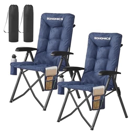 Image of SONGMICS Set of 2 Camping Chairs for Adults, 95°-150° Reclining, 6 cm Thick Padded Folding Garden Chairs, Adjustable High Back, Cup Holder, Side Pocket, Carry Strap Bag, Blue GCB016QZ01-2J