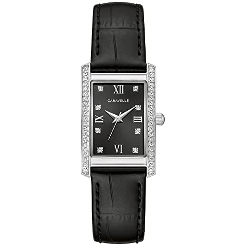 Image of Caravelle by Bulova Ladies' Classic Crystal 3-Hand Quartz Watch, Roman Numeral Markers, Rectangle Case, Curved Mineral Crystal, Black Leather Strap/Stainless, Dress Crystal