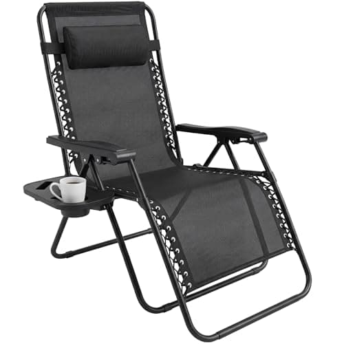 Image of Folding Reclining Adjustable Zero Gravity Lounge Chair, Garden Chair Leisure Beach Chairs with Headrest and Cup Holder, Sun Loungers Powder-Coated Steel Frames, Sunlounger for Deck Chairs, Patio,Black