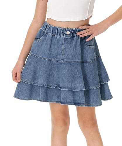 Image of Citridarll Little Girl's Denim Skirts Kids Girls Summer Mini Skirt High Waisted Ruffle Layered Dress, 140, 8-9 Years, Blue