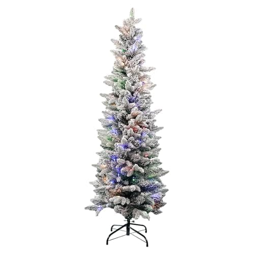 Image of Event Decor Shop 6ft Prelit Frost-Kissed Frosted Slim Decorative Xmas Tree With Colourful LED Lights – Space-Saving Pencil Green Pine Tree With Pointed PVC/PE Tips & Stand For Festive Decor - UK