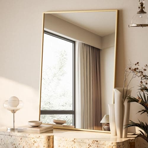 Image of BEAUTYPEAK Rectangular Wall Mirror with Metal Frame, Gold Shatterproof Bathroom Mirror, Wall Mirror for Bathroom, Bedroom, Living Room, Rectangular Bathroom Mirror, 76 x 51 cm