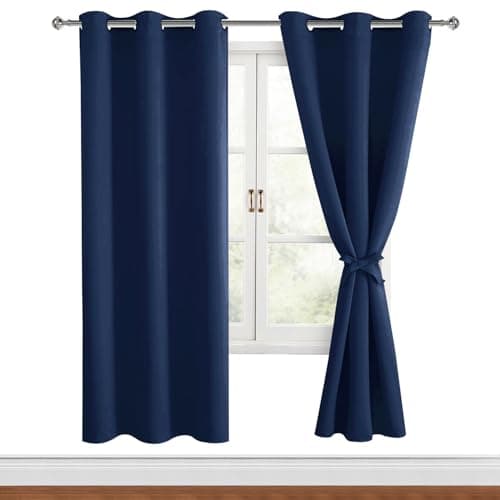 Image of DWCN Blackout Curtains with Tiebacks for Bedroom Thermal Insulated Solid Eyelet Curtains for Living Room,Dark Blue,46" Wide x 72" Drop,2 Panels