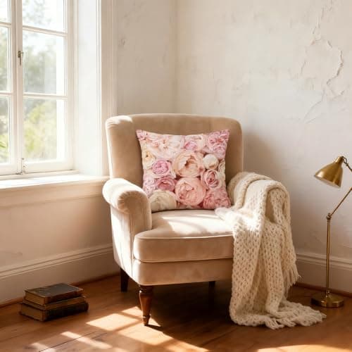 Image of Tivleed Pink Cushion Covers 45 x 45 cm, Floral Cushion Covers, Cotton Throw Pillow Case for Livingroom Sofa Bed Garden Patio Decor - Soft 18x18 Inch Square Cushion Cover (Pink-Rose)
