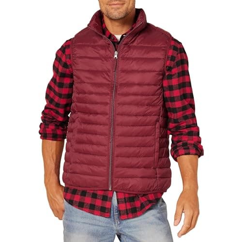 Image of Amazon Essentials Men's Lightweight Water-Resistant Packable Puffer Gilet, Dark Red, XXL