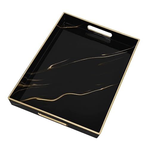 Image of Serving Tray, Marble Plastic Food Trays for Eating on Lap Coffee Tray with Handles Rectangular Non-slip Candle Plate, 40x30x4 cm Large Drinks Platter for Kitchen/Living Room/Bedroom/Party