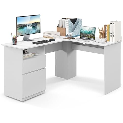 Image of COSTWAY L-Shaped Computer Desk, 150cm Modern Large Corner Desk Writing Study Table with Open Compartment, Home Office PC Laptop Gaming Workstation (White, 150 x 120 x 76 cm, no Charging Station)
