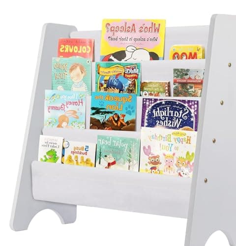Image of CROWNSHOP Children's Bookshelf 4 Tier Childrens Bookcase Wooden Kids Sling Storage Nursery Bookcase Shelf with Soft Canvas for Kids Room and Nursery White 61 * 60 * 26.5CM