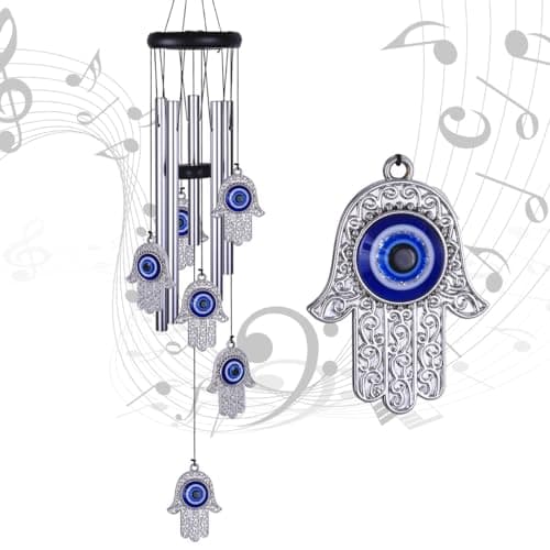 Image of Blue Evil Eye Hand of Fatima Wind Chimes Outdoor Decoration, Hamsa Hand Windcatcher, Evil Eye Wind Bells, Fatima's Holy Hand Blue Evil Eye Amulet Wind Chimes for Home,Gift for Mom,Balcony,Patio,Garden