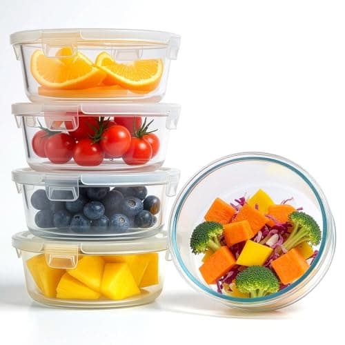 Image of GreenWhim 5 Packs Glass Food Storage Containers with Lids Airtight, 950ml 32oz Round Meal Prep Container Box Clip-Lock Bowl Set for Lunch Fridge Storage, Leftovers, Salads Box Oven Safe BPA-Free