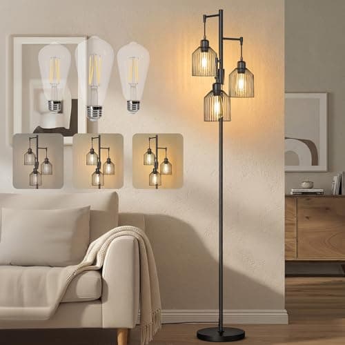 Image of VASAGLE Floor Lamp with Wire Cage Lampshade, Black Metal LFL013BD03