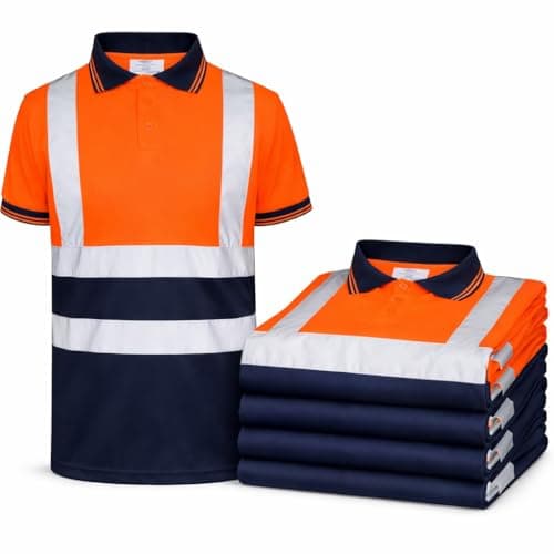 Image of Hi Vis Polo Shirts Pack of 5 High Visibility Workwear Safety Polo T-Shirts for Men Orange, Yellow, (UK, Alpha, L, Regular, Regular, Orange Navy)