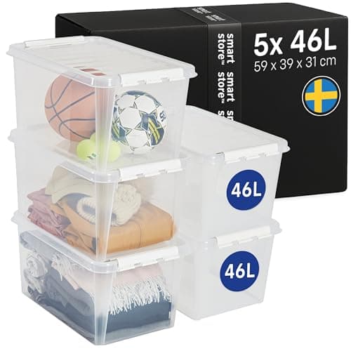 Image of SmartStore - 5x Plastic Storage Box with Lid Classic 46L (59x39x31cm) |Plastic Storage Drawers with Lid|Food-Safe Material|Kitchen & Organisation|Durable Container for Home & Office|10-Year Warranty