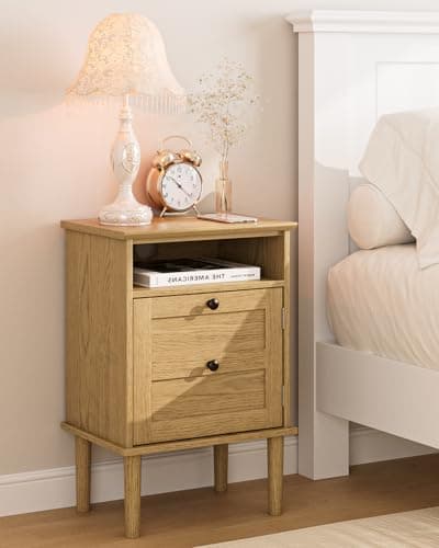 Image of HEYZOEY Wooden Bedside Cabinet with Door & Open Top Shelf – Side Table for Bedroom & Living Room,Fits Small Space(Light Oak 1)