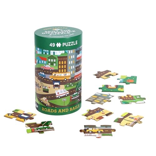 Image of Petit Collage Roads and Rails Spot the Difference Puzzle | 49 Piece Puzzle with Search & Find Activity | Comes in Re-Usable Tin for Ages 4+