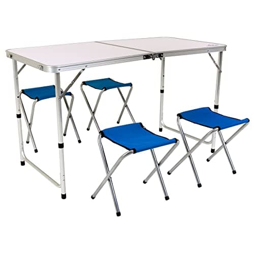 Image of CHARLES BENTLEY Odyssey, 4 Seater, Outdoor, Garden, BBQ, Folding Picnic Set, Camping, Furniture Set, Portable Picnic Table, 4 Chairs, Stools, Carry Handle, Adjustable Table Height, Metal (120x60x70cm)