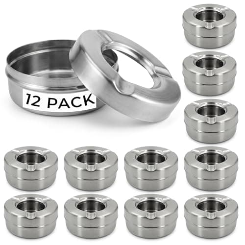Image of Chabrias Ltd Stainless Steel Windproof Ashtray with Lid - 12 Pack - Outdoor Ashtrays for Pub, Beer Garden, Patio, Balcony and Smoking Areas - Heavy Duty Commercial Cigarette Ash Tray - Pack of 12